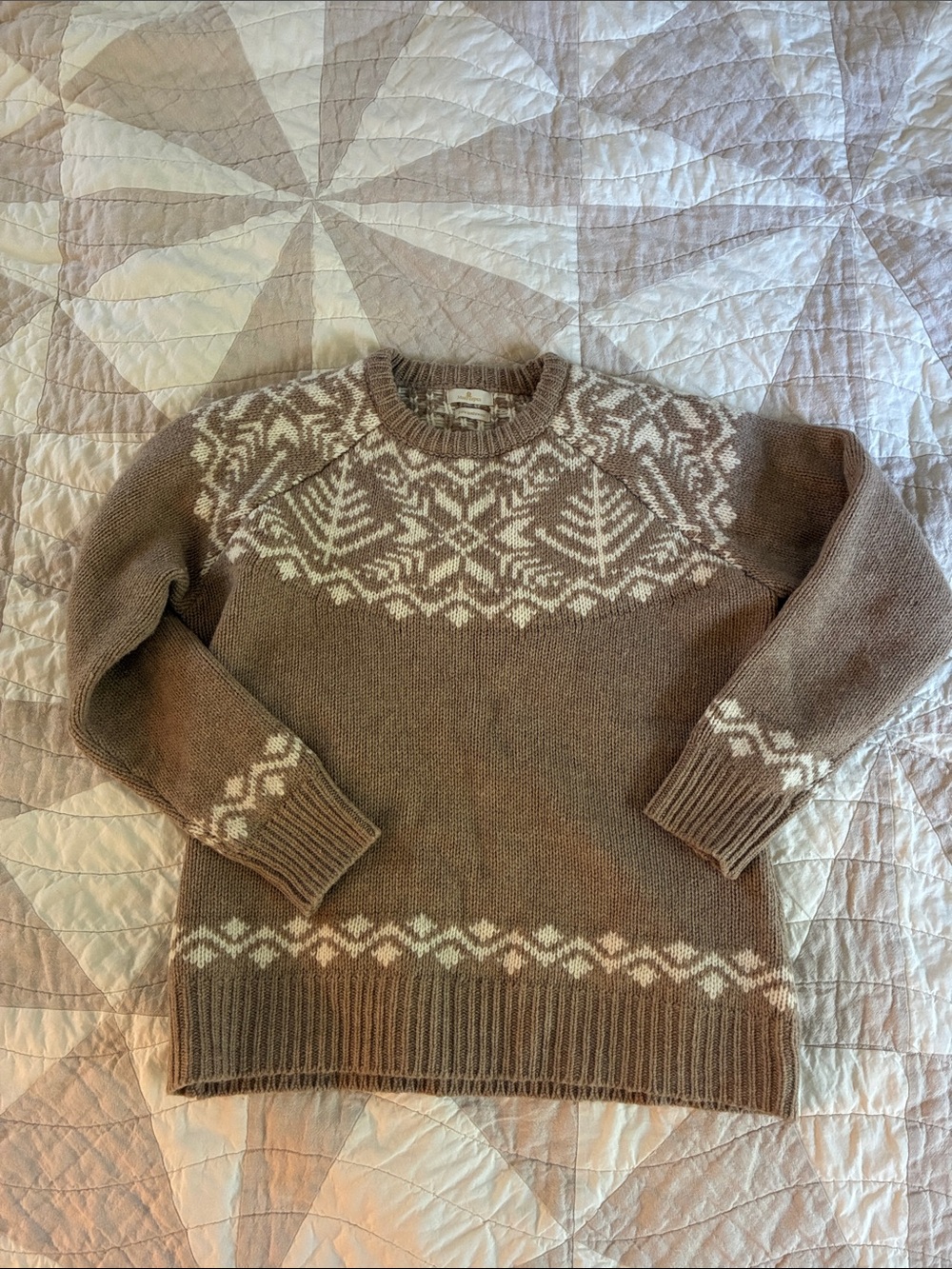 Munro Brown and White Fair Isle Crewneck Sweater